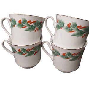 4 Sango Noel 1990 8401 Coffee Mugs Porcelain Vintage Japan Gold Trim Bells Holly